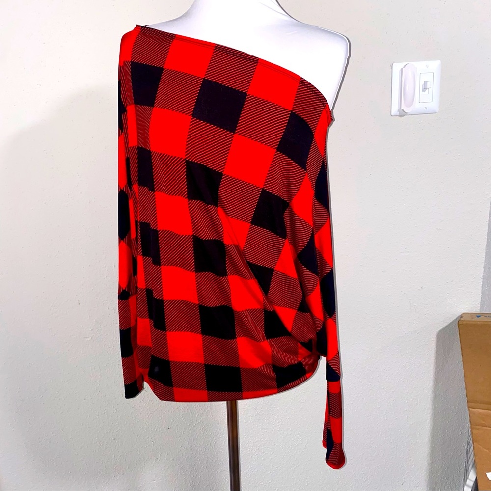 Red & black plaid slinky off the shoulder blouse